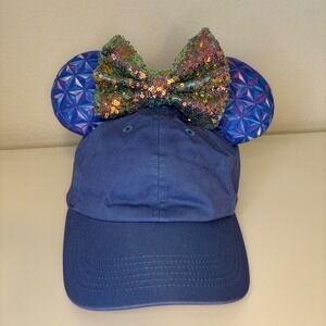 Disney Epcot Spaceship Earth Minnie Mouse Ear Baseball Hat Blue Sequin Bow Cap
